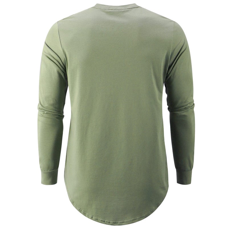 KLIEGOU Mens Cotton Hipster Hip Hop Longline Long Sleeve T Shirt 67(Dark Green XL) - Image 2